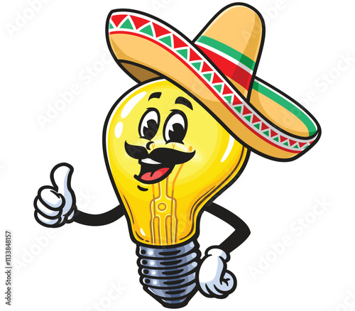 Light Bulb with sombrero,   Cartoon Character Mascot Illustration Vector Clip-art Hand-drawn Logo Design 