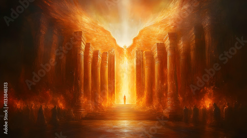 Fiery Columns: A Figure Ascends Towards Divine Light in a Temple of Fire