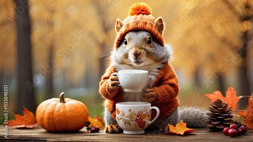 Against the backdrop of an autumn forest, a beautiful squirrel wearing a knitted hat sips tea from a cup.Lovely Thanksgiving card photo