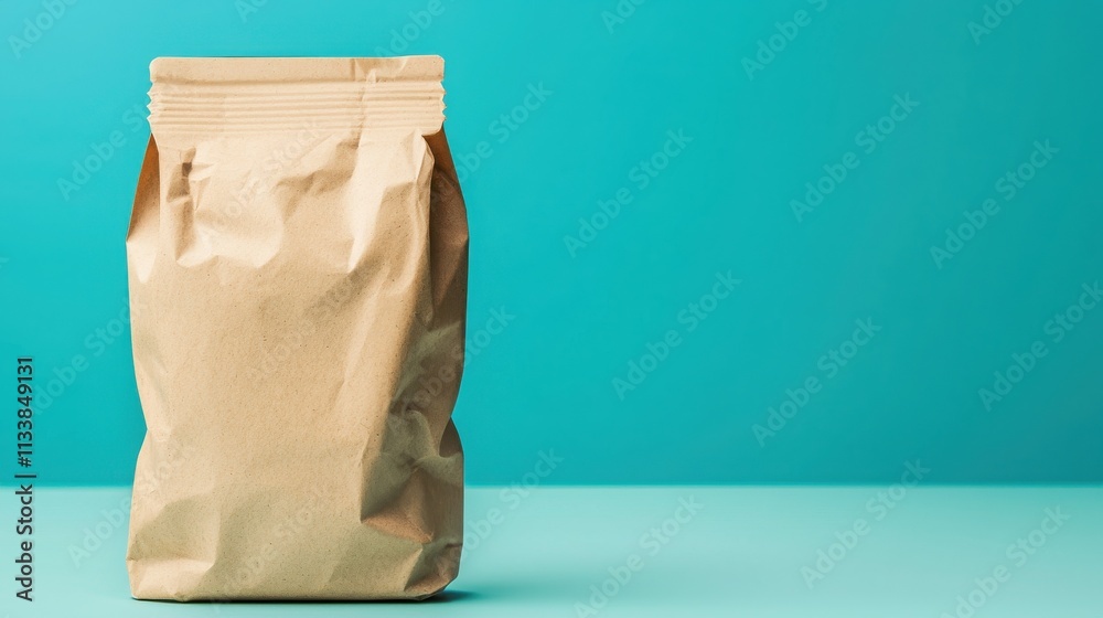 Sustainability thrives through recycle and renewal. Brown paper bag on a blue background. Sustainability thrives through recycle and renewal. Brown paper bag on a blue background.