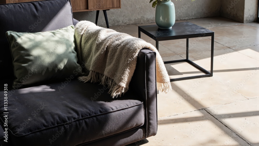 Generative AI, Modern close-up of a velvet sofa with minimalist decor Generative AI, Modern close-up of a velvet sofa with minimalist decor