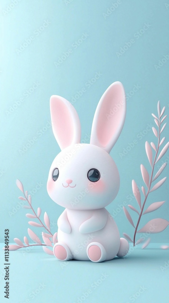 Fototapeta premium Cute and Playful Bunny Character with Pink Accents Surrounded by Soft Green Foliage on a Light Blue Background for Sweet Illustrations and Design Projects
