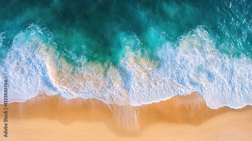 Aerial View of Turquoise Ocean Waves Crashing on Sandy Beach Aerial View of Turquoise Ocean Waves Crashing on Sandy Beach