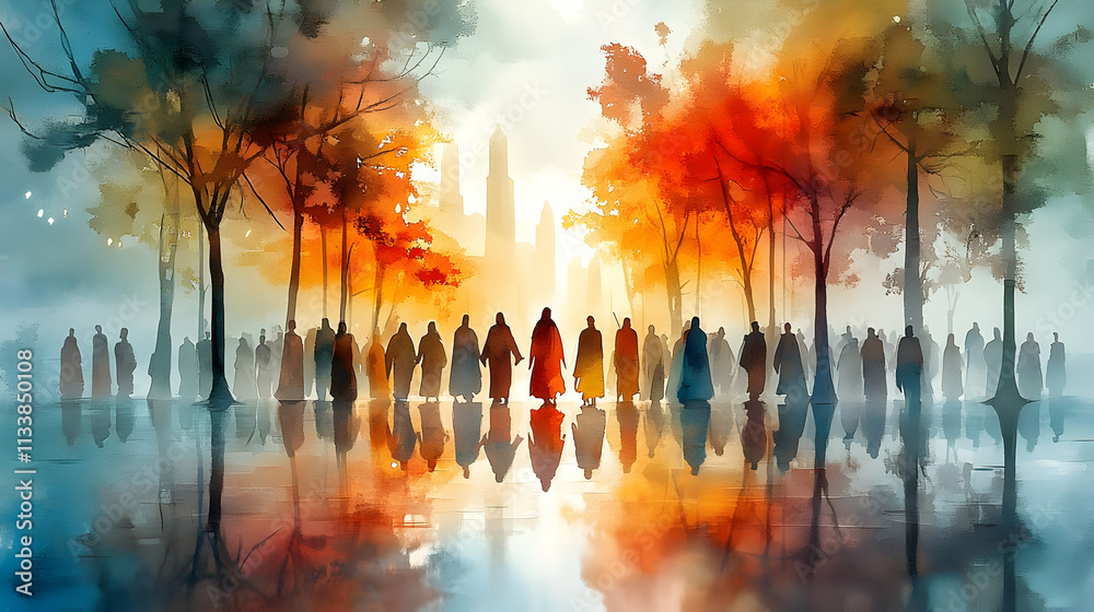 Obraz premium Figures Walk Autumn Trees Towards Distant City Spiritual Journey