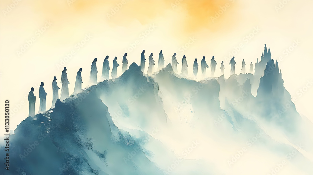 Fototapeta premium Figures Ascend Mountain Path Towards Heavenly City, Spiritual Journey, Faith