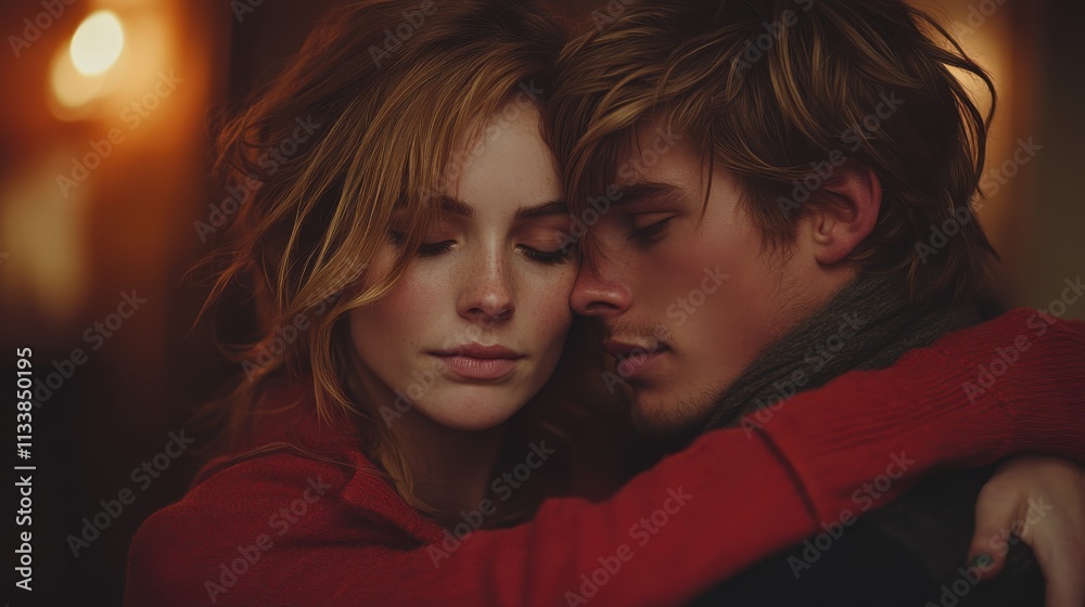 A couple embracing intimately, conveying warmth and affection in a cozy setting. A couple embracing intimately, conveying warmth and affection in a cozy setting.