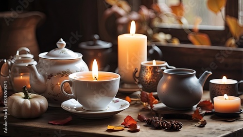 A warm cup of tea, a teapot, and bright candles on a wooden table create a comfortable and tranquil autumnal scene. photo