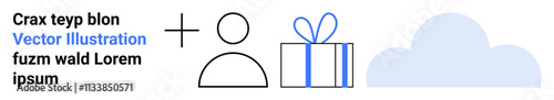 User icon alongside a gift box with heart-shaped bow and cloud shape. Ideal for online giving, user rewards, digital storage, sharing, gifts, holiday promotions, cloud services. Landing page