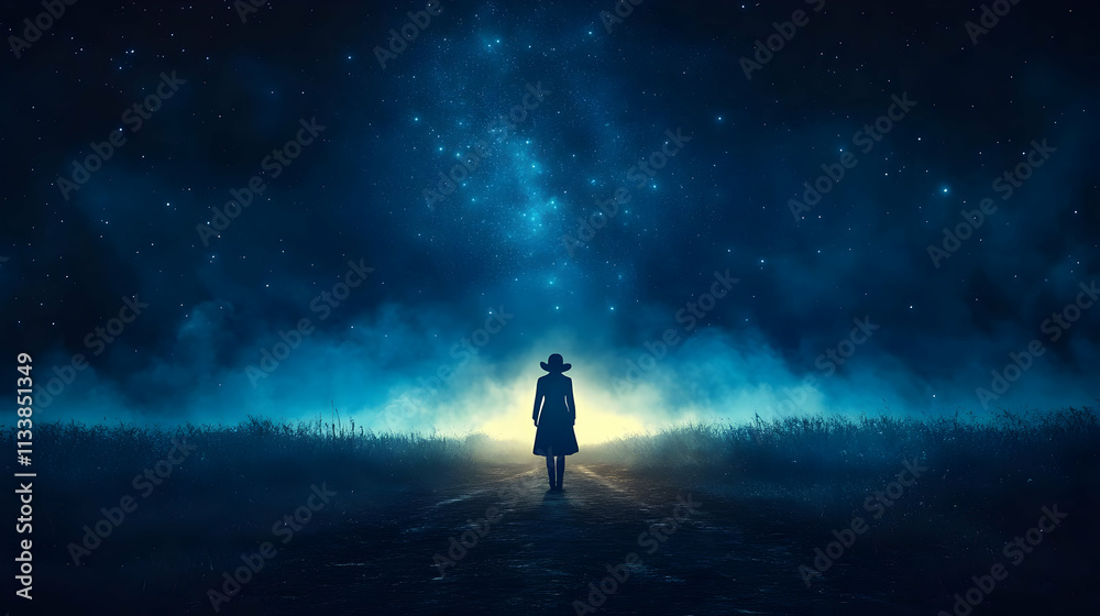 Night Road Journey: Woman Walks Towards Stars, Mystery Unveiled Night Road Journey: Woman Walks Towards Stars, Mystery Unveiled