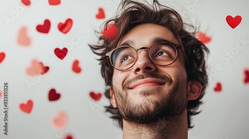 Young Man Smiling with Floating Hearts Romance, Love, and Valentine s Day Celebration photo