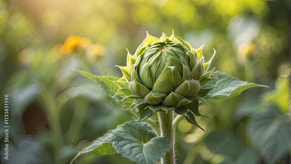 A soft-focus garden backdrop surrounds a sunflower bud about to open, its vivid green leaves shimmering in gentle sunshine, creating a sense of calm and expectation. View Less