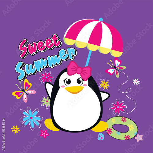 Adorable penguin vector illustration enjoying summer with a colorful umbrella and vibrant flowers in a playful, cheerful scene  
 photo