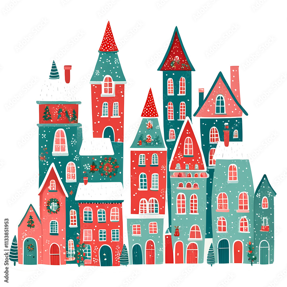 Naklejka premium Whimsical Christmas Village in Snow. Christmas Winter landscape wiith a charming Christmas houses in naive cartoon style. 