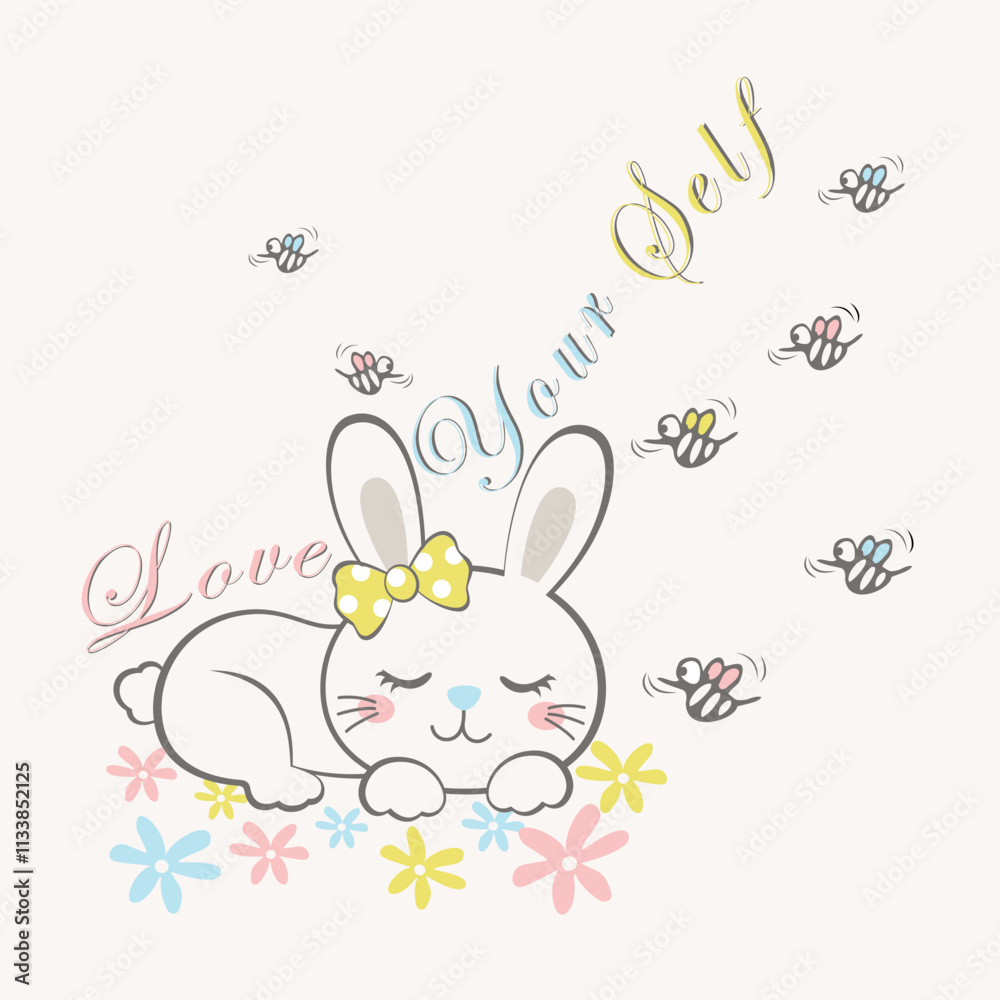 Obraz premium Adorable bunny rabbit vector illustration surrounded by bright and vibrant flowers in a whimsical nature scene 