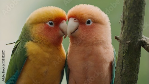 Affectionate Peach-faced Lovebirds Nuzzling on a Branch photo