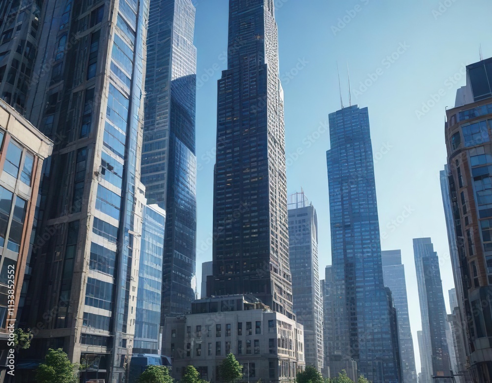 Skyscrapers and high-rise buildings in a bustling city against a clear blue sky, modern design, concrete jungle, metropolitan area Skyscrapers and high-rise buildings in a bustling city against a clear blue sky, modern design, concrete jungle, metropolitan area