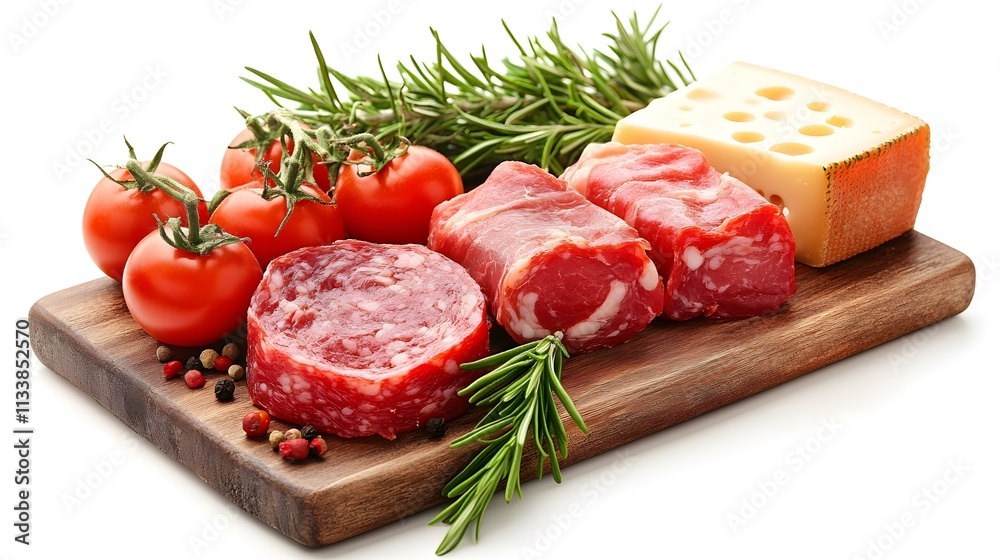 Salami, cheese, tomatoes, and rosemary on a wooden board. Salami, cheese, tomatoes, and rosemary on a wooden board.