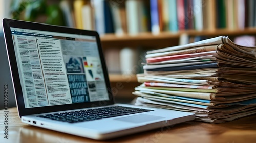Laptop and Stack of Newspapers Showcasing Online and Print Media