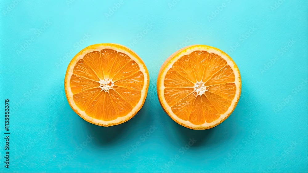Two halved oranges on a light-blue background. Two halved oranges on a light-blue background.