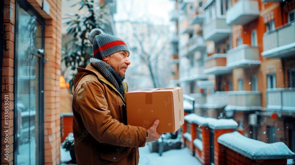 Man in Winter Jacket Holding Delivery Box Outdoors in Snowy Residential Area with Apartment Balconies in Background Man in Winter Jacket Holding Delivery Box Outdoors in Snowy Residential Area with Apartment Balconies in Background