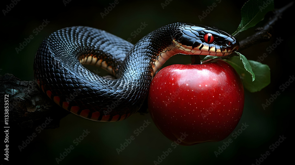 Obraz premium Black Snake Coils Around Red Apple Branch, Dark