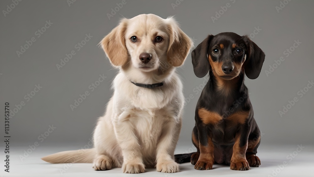 Two Adorable Puppies Sitting Together in a Studio Two Adorable Puppies Sitting Together in a Studio