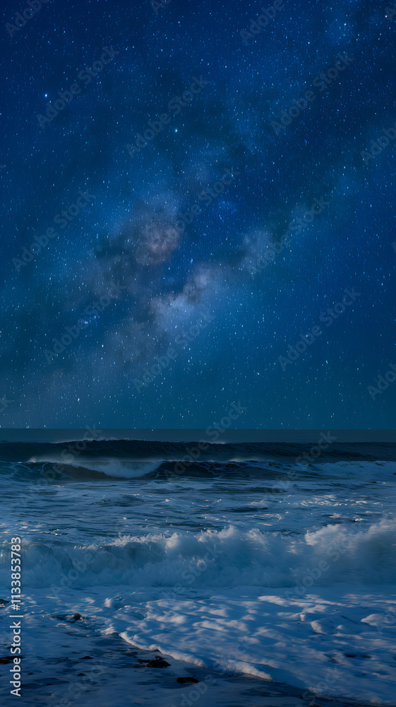 Fototapeta premium Ocean waves under a starry sky create a serene and mystical atmosphere.