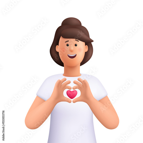 Young smiling woman Jane showing heart with her hands, heart gesture or love sign. Social media, charity, Valentine's day concept. 3d vector people character. Cartoon minimal style.