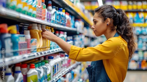 Woman Shopping for Cleaning Products in Colorful Aisle of Supermarket, Examining Labels and Choosing Safe Household Items