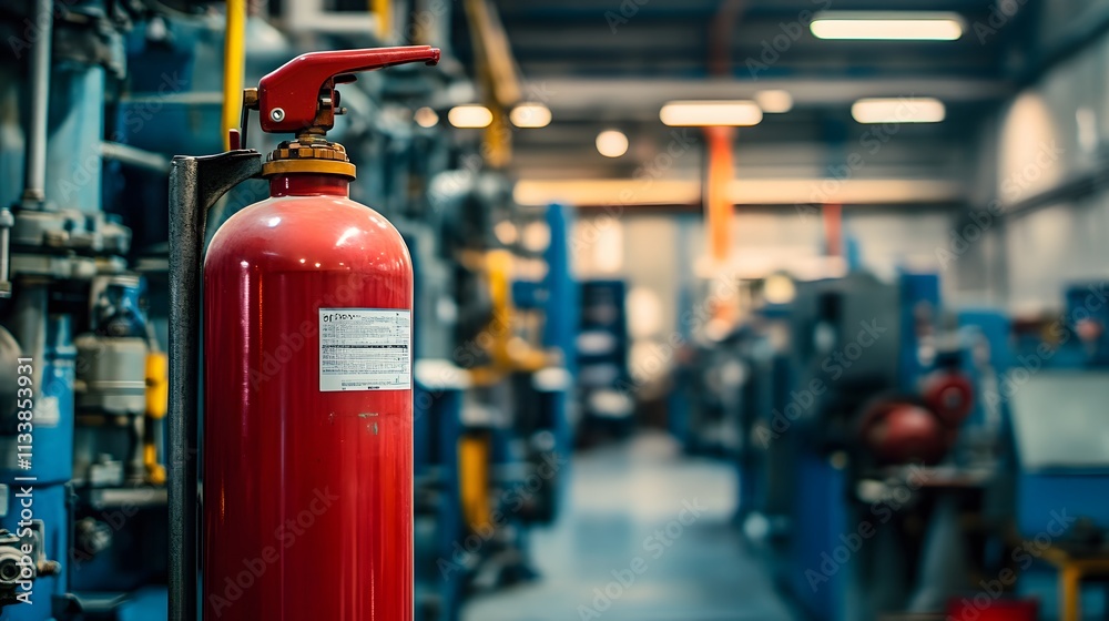 Red Fire Extinguisher In Industrial Facility Setting Red Fire Extinguisher In Industrial Facility Setting