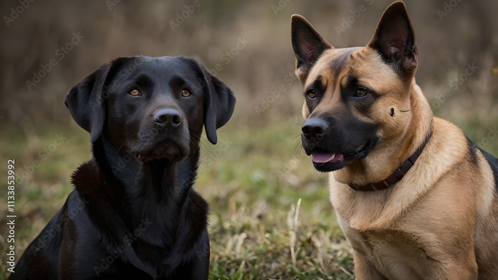 Black Labrador Retriever and German Shepherd Dog Sitting in Grass Black Labrador Retriever and German Shepherd Dog Sitting in Grass