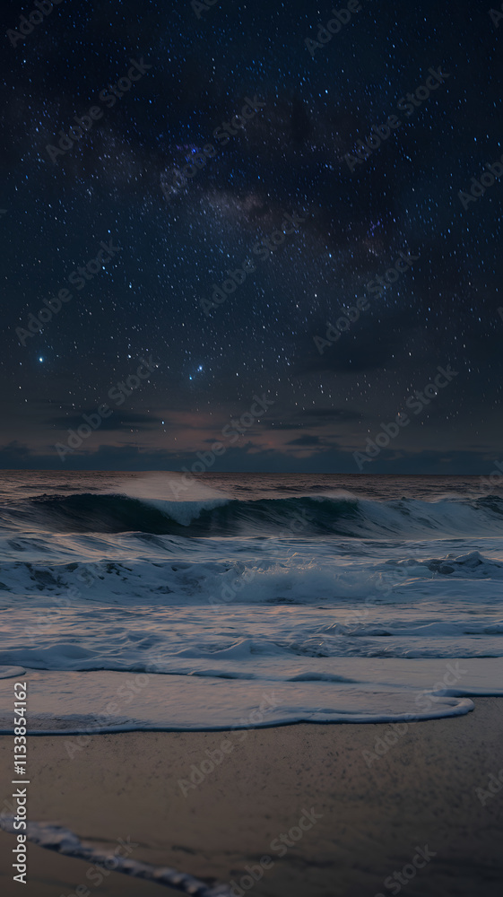 Ocean waves under a starry sky create a serene and mystical atmosphere. Ocean waves under a starry sky create a serene and mystical atmosphere.