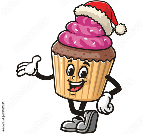 Cupcake wearing a christmas hat,  Cartoon Character Mascot Illustration Vector Clip-art Hand-drawn Logo Design