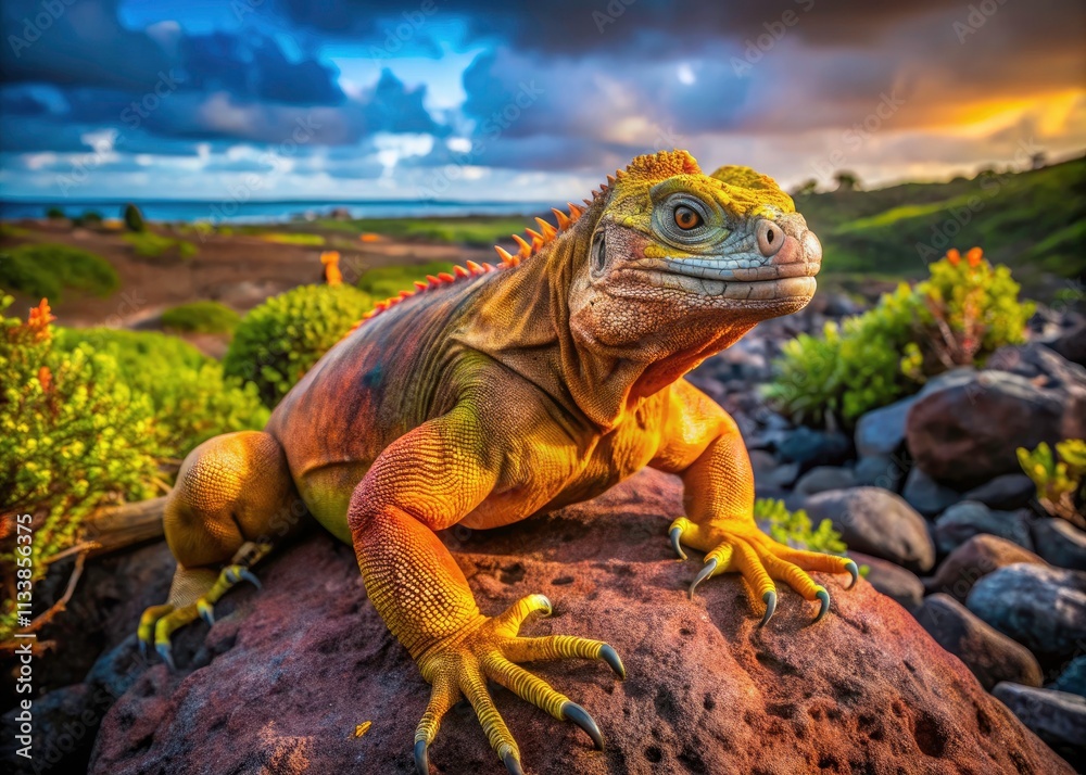 Fototapeta premium Galápagos land iguanas: Drone photography reveals stunning aerial perspectives of their unique island ecosystem.