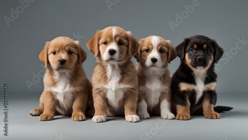 Four Adorable Puppies Sitting Together in a Studio Setting