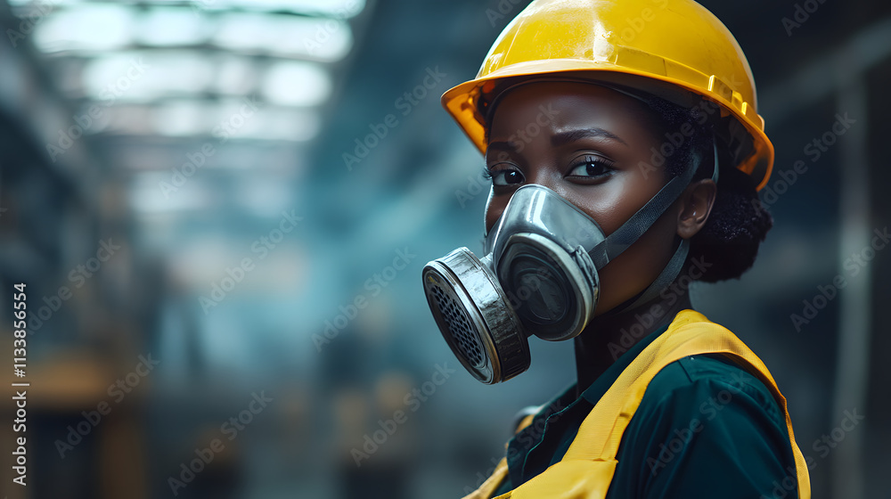A woman adorned in a vibrant yellow helmet and protective gas mask stands confidently in a hazardous work environment. Her sturdy attire hints at the dangerous nature of her surroundings. A woman adorned in a vibrant yellow helmet and protective gas mask stands confidently in a hazardous work environment. Her sturdy attire hints at the dangerous nature of her surroundings.