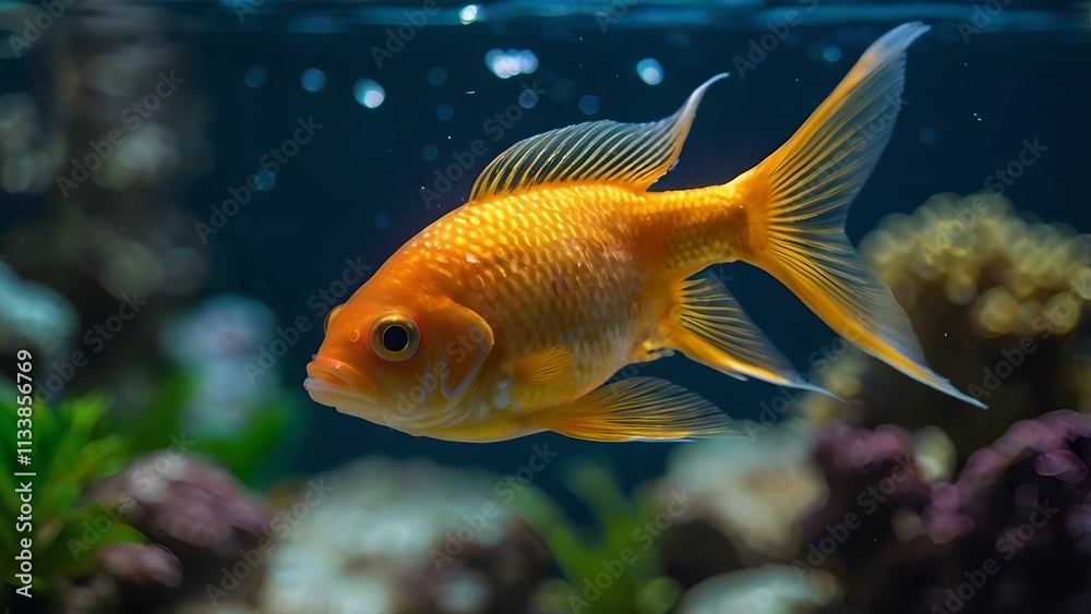 Golden Fish Swimming in Aquarium With Bokeh Lights Golden Fish Swimming in Aquarium With Bokeh Lights