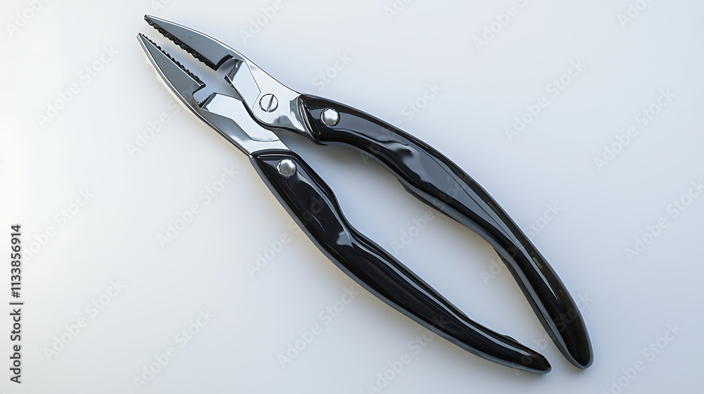 A pair of black pliers with a silver handle A pair of black pliers with a silver handle