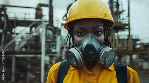 A woman adorned in a vibrant yellow helmet and protective gas mask stands confidently in a hazardous work environment. Her sturdy attire hints at the dangerous nature of her surroundings.