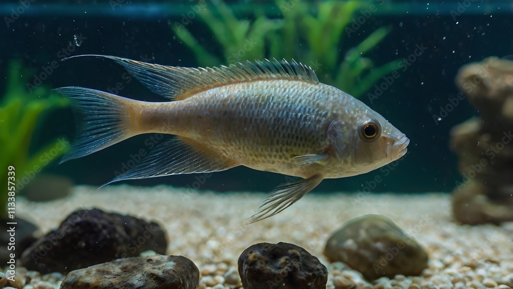 Opaline Gourami Fish Swimming in a Home Aquarium with Gravel Substrate and Green Plants Opaline Gourami Fish Swimming in a Home Aquarium with Gravel Substrate and Green Plants