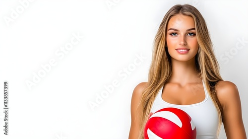 Young woman with long hair smiling confidently while holding a red sports ball, wearing a white athletic tank top against a clean background, exuding fitness and vitality