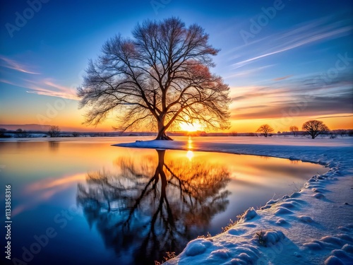 Winter Snow Glow Silhouette Photography: Majestic Tree, Frozen Lake, Stunning Sunset