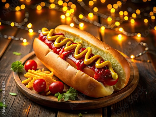 Delicious street food: Night photography captures juicy hot dogs and crispy fries, a late-night delight. photo