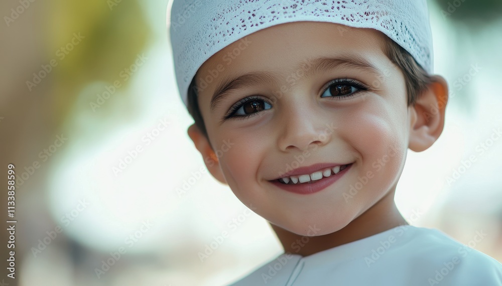 Portrait of a Smiling Young Boy Wearing a Traditional White Kufi Cap Portrait of a Smiling Young Boy Wearing a Traditional White Kufi Cap