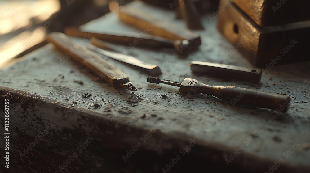 A table with a bunch of tools on it, including a pair of scissors and a knife A table with a bunch of tools on it, including a pair of scissors and a knife