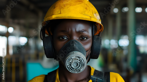 A woman adorned in a vibrant yellow helmet and protective gas mask stands confidently in a hazardous work environment. Her sturdy attire hints at the dangerous nature of her surroundings. photo