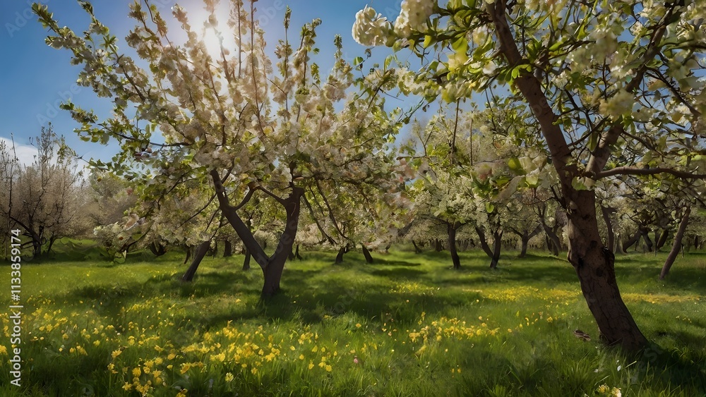 Blossoming Apple Orchard Spring Panorama Blossoming Apple Orchard Spring Panorama