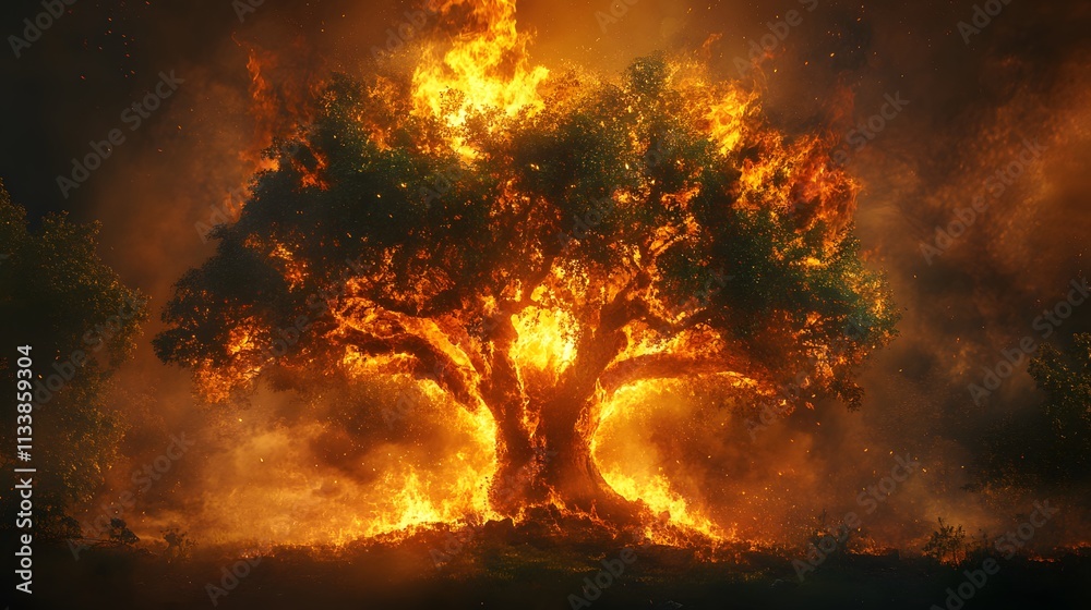 Enormous Tree Engulfed In Fiery Inferno Blazing Brightly