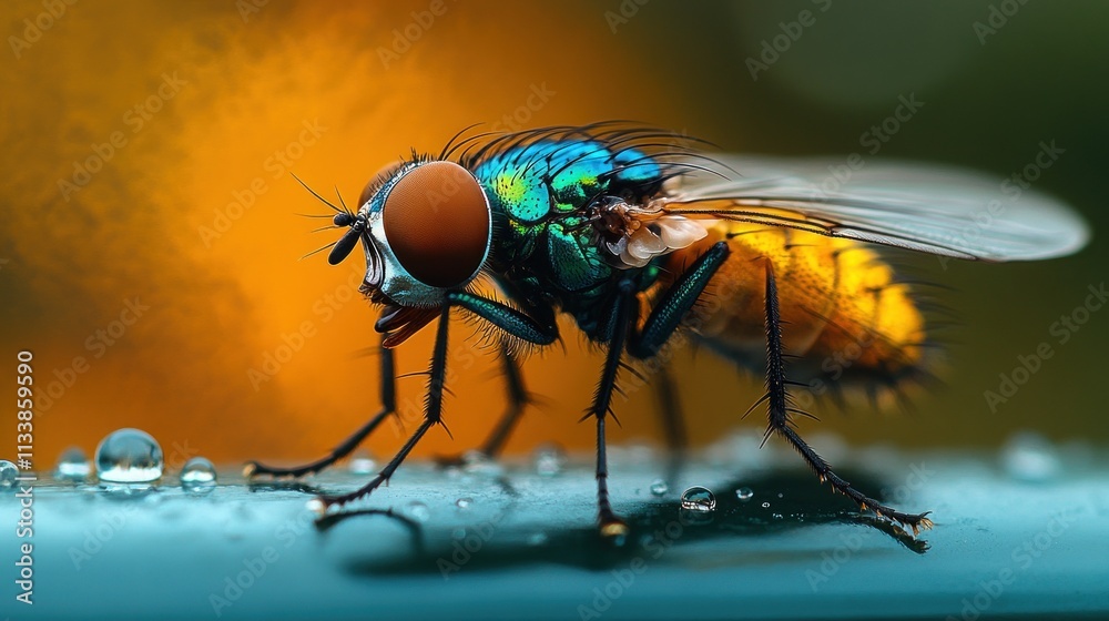Fototapeta premium Close-up of a vibrant green and yellow fly on a dewy surface.