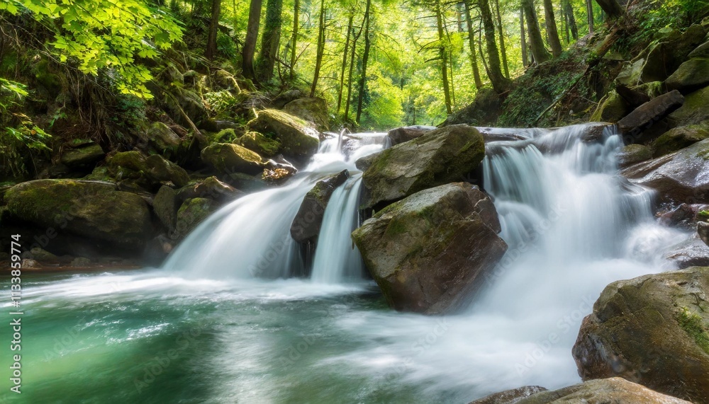 Crystal Clear Waterfall Cascading Over Jagged Rocks in Hidden Forest Valley Crystal Clear Waterfall Cascading Over Jagged Rocks in Hidden Forest Valley